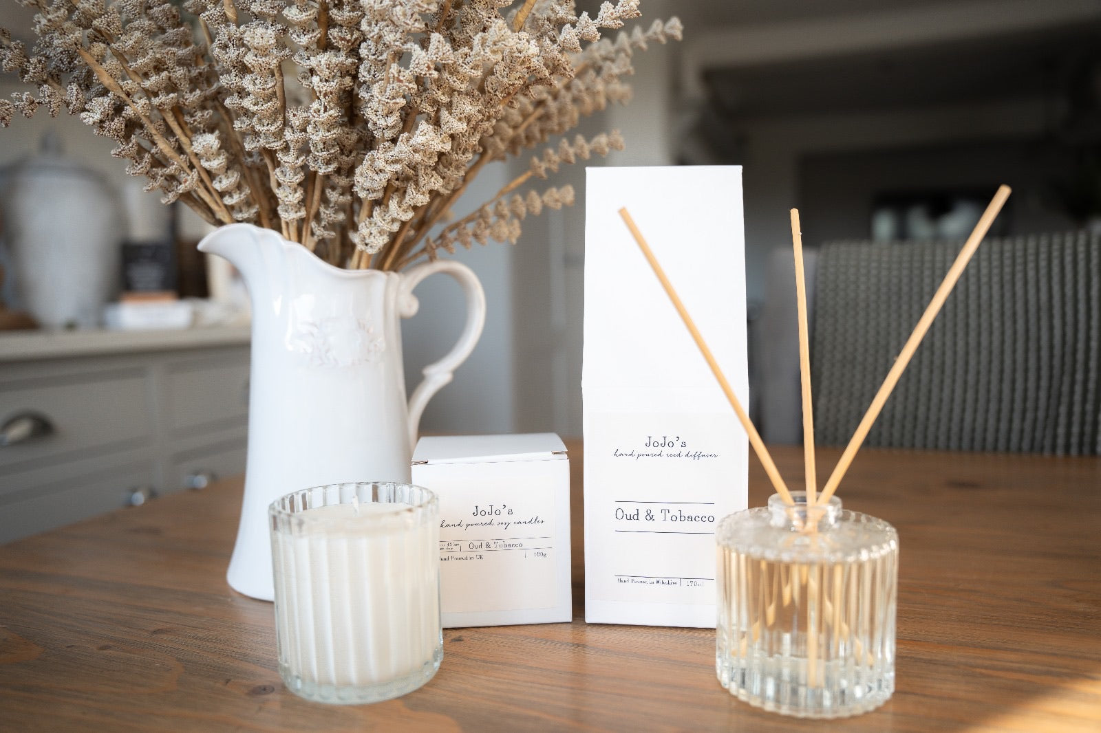 JoJo's Hand Poured Reed Diffuser  & Candle Exclusive Gift Set - Oud & Tobacco